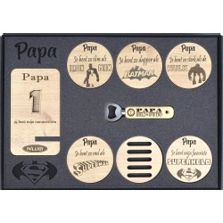 Geschenkdoos voor papa - set met 5 onderzetters voor glazen incl. standaard + telefoonstandaard + opener - Papa