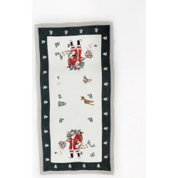 Kerst-tafelkleed Linnenlook Wit - grijze rand met Kerstman en Hert - Loper 70 cm