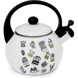 Meyerhoff fluitketel theepot look cactus emaille wit zwart 2.2 Liter - geschikt voor alle warmtebronnen inclusief inductie - exclusief retro design - geëmailleerd - unieke print