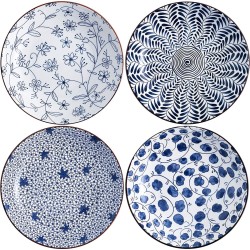 Keramische Pasta Bowls Set, Blauw en Wit Salade Bowl 20cm Diner Ondiepe Borden Set van 4, Serveren Voorgerecht Dessert Snack (8 Inch x 4 stuks)