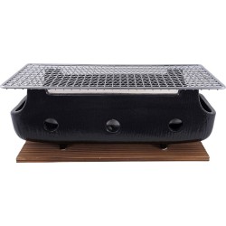 Aardewerk Konro Grill Met Net & Houten Onderstel 32x14x11.5cm