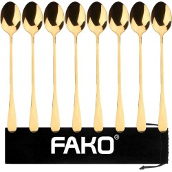 Fako Bijoux® - 8 Lange Lepels - Latte Macchiato - Longdrink - Cocktail - Dessert - IJs - Koffie - Goud - 8 Stuks - Bewaarzakje