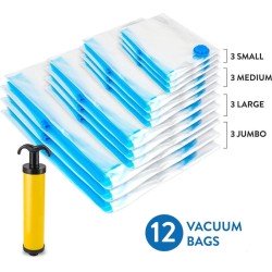 Wonder Worker PRESS - Herbruikbare Vacuum Opbergzakken Set - Vacuumzakken Kledingzakken Vacumeer Bags Zak Reis Koffer/Bagage Opberger Kledingzak - 80% Ruimtebesparend - Onder Bed Kleding/Dekbed/Kussen Opbergen - 12 Stuks Small/Medium/Large - Met Pomp