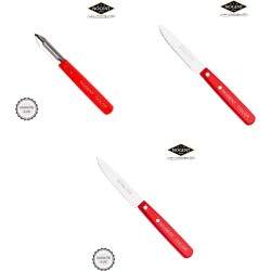 Set Nogent keukenmessen: officemes, groentemes en dunschiller/schilmes met rood houten heft