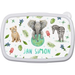 Gepersonaliseerde lunchbox - kind - jongen of meisje - school - olifant zebra leeuwtje - handgeschilderd door Mies - aquarel