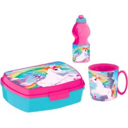 Unicorn brooddoos (17 cm - 13 cm - 6 cm) + drinkbeker (9cm hoog - 350 ml) + Drinkfles (18 cm hoog - 400 ml)
