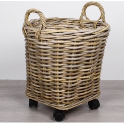 Migo Styling - Houtmand - Met Wielen - Vierkant - Rond - Riet - Rotan - Dia 36 cm boven - Onder 26x26 cm