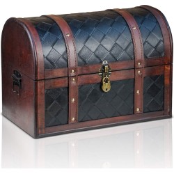 Brynnberg® Schatkist "Watson 38x23x27" - Grote opbergdoos met handvat, zwart ruitpatroon, bruin hout, slot en sleutel, afsluitbare piratenkist
