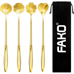 Fako Bijoux® - 4 Lange Lepels Bloem Motief - Latte Macchiato - Longdrink - Cocktail - Dessert - IJs - Koffie - Goud - 4 Stuks - Bewaarzakje