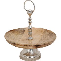Etagère/serveerplateau op voet - uit mangohout, metaal bruin, zilver (B / H / D) 30x30x30cm