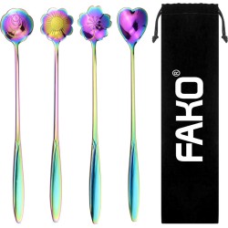 Fako Bijoux® - 4 Lange Lepels Bloem Motief - Latte Macchiato - Longdrink - Cocktail - Dessert - IJs - Koffie - Regenboog - 4 Stuks - Bewaarzakje