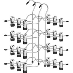 LAUWG - Broekhanger ruimtebesparend, meerdere rokhangers met clips, set van 3, metalen kleerhanger, voor 4 broeken elk, met 8 verstelbare clips, anti-slip, voor broeken, jeans, 32 cm, zilver