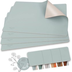 Designerplacemat van PU-leer, hittebestendig, tweekleurig, 4-delige placemat afwasbaar, met onderzetter, placemat, leer, tafelset voor kinderen, hemelsblauw/zilver