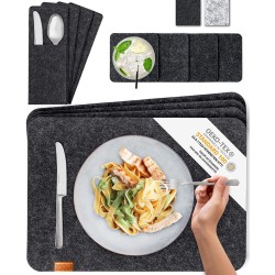 MIQIO® Design Ontwerp Premium Vilt&Leer Wasbaar Placemat met Onderzetters en Bestekzakken (Donkergrijs, set voor 4 personen)