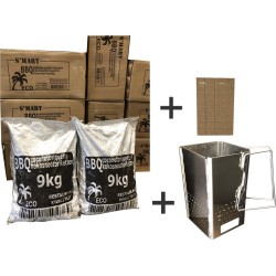 Kokosbriketten 2x9kg S'MART + gratis aanmaakblokjes + vouwbare brikettenstarter, voordeel verpakking, S'MART, coco briquettes, Cocosbriketten met gratis aanmaakblokjes en vouwbare starter, kokosnootbriketten - Weber formaat briketten.