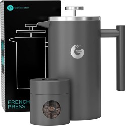 cafetière, koffie- en theemaker met franjes, inhoud 1 liter, dubbelwandige koffiepers met franjes van roestvrij staal uitgevoerd in Zwart; houdt koffie lang warm. Met gratis bijsuitend minikoffieblik in matgrijs