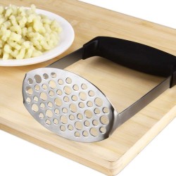 Aardappelstamper van roestvrij staal, aardappelstamper, groentestamper, aardappelpureer, geschikt voor de vaatwasser, aardappelpuree, crèmige aardappelpuree (zwart, 12 × 7 × 17 cm)