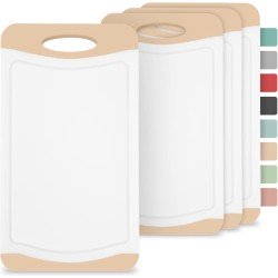 Thingles Ontbijtplank Set 4st, 25x14cm, BPA-vrij, Antislip, Sapgroef, Handvat, Vaatwasmachinebestendig, Bord, Snackplank (Beige/Wit)