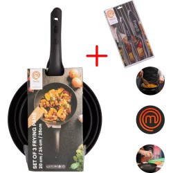 Masterchef Koekenpannen | 3-Delige Koekenpannenset | Inclusief 3 Inclusief Signature Collection Masterchef Messen | Ø 20, 24 en 28 cm | Geschikt voor verschillende warmtebronnen | Inductie, Elektrisch, Gas en Keramisch Pannenset | Vrij van PFOA