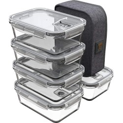 GENICOOK Lunchbox Bento broodtrommel met lunchtas/broodtrommel, vershouddozen, glas, perfect voor meal prep, BPA-vrij, voor thuis, keuken of gebruik onderweg, 5 x 840 ml