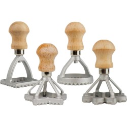 Ravioli snijder/stempel set - 4 stuks - Rond/vierkant/zonnebloem/ster - Aluminium - handvat van hout - Gemaakt in Italië