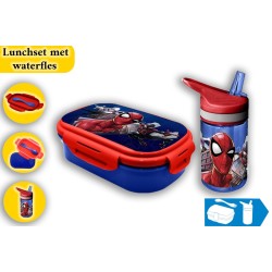 Spiderman Lunchset met waterfles 400ml en broodtrommel - Spiderman Tritan Waterfles – Blauw - Broodtrommel spiderman - waterfles met rietje