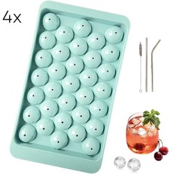 Ronde ijsblokjesvorm met deksel - 4 stuks!! - 132 mini ronde ijsblokjes - blauw - ø 1,5cm - stapelbaar/plooibaar - bioplastic - ice cube - makkelijk te vullen - zonder morsen - gratis RVS metalen rietjes