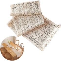 Beige Macrame-tafelloper, gehaakte tafelloper, rechthoekige tafelloper, katoenen gehaakte tafelloper, met kwastjes, holle mesh tafelkleed, voor boheemse rustieke bruiloft, woontafel decor