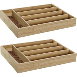 2x stuks bamboe houten bestekbakken/lades met patroon in de vakken 35.5 x 25.5 x 5 cm - bestekbakken/lades