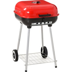 Outsunny Houtskoolbarbecue op wielen barbecuewagen kogelbarbecue rooster met deksel BBQ metaal rood 01-0569