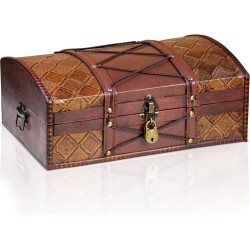 Brynnberg® Schatkist "Jimmy 35x23x14cm" - Grote platte bruine piratenkist, afsluitbaar, met lederen koorden, patroon, deksel, slot, sleutel en handvat