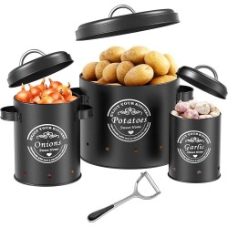 Aardappelopbergdoos, uienopslag, uienpot, aardappelvoorraaddozen, set, grote voorraaddoos van metaal, keukenopslag, kan aardappelen voor een lange tijd bewaren (zwart)