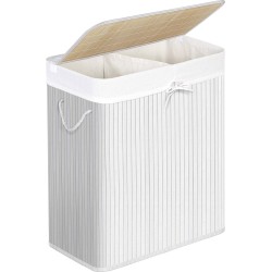 Bamboe Wasmand - met 2 Compartimenten - Sorteerbaar - Verwijderbare Waszak - 100L - Wit