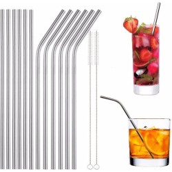 ForeverKitchen® - herbruikbare RVS/Stalen Drink Rietjes Krom - Set: 10-stuks - Inclusief 2 schoonmaakborstels - Ideaal voor Cocktails en Smoothies - metalen ijzeren rietjes