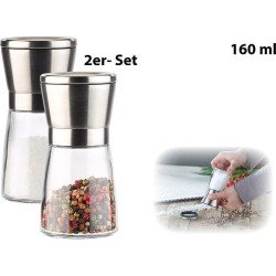 Handmatige kruidenmolen, 2-stel zout en pepermolen met keramische molen, glas en roestvrij staal, 13 cm