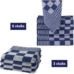 Homéé® Keukendoeken 9-delige sets blauw/wit - 6 x theedoeken 65x65cm + 3 x keukenhanddoeken 50x50cm