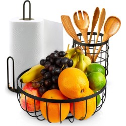 HIKITCHEN® Set van 3 fruitmanden, fruitschaal, keukenrolhouder, keukengereihouder, keukenhulpje, keukenhulp, opslag, decoratieve schaal, zwart, metaal, bamboe