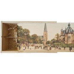 Wijnkist - Oud Stadsgezicht Stadsgezicht Arnhem - Velperplein, Musis Sacrum en Sint Martinuskerk - Oude Foto Print op Houten Kist - 19x36 cm