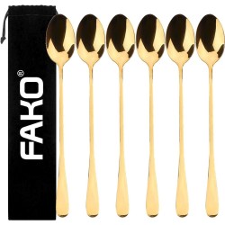Fako Bijoux® - 6 Lange Lepels - Latte Macchiato - Longdrink - Cocktail - Dessert - IJs - Koffie - Goud - 6 Stuks - Bewaarzakje