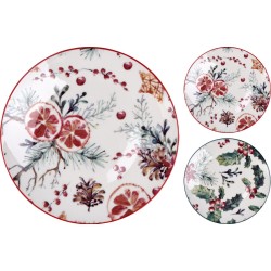 Kerstservies set van 6 ontbijtborden 19 cm, aquarel groen en rood met hulst en rode besjes