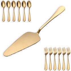 HOMQUEN roestvrijstalen gouden cake cutter taartschep, pizzaschep server set, set van 13 stuks, voor bruiloft, feesten, afternoontea, cadeau voor verjaardag en ouders