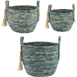 Home Society Set/3 Manden Baskets Opbergers Seagrass Blauw Wit