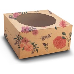 Fleurige kraft taartdoos met venster - 20 x 20 x 12,7 cm (10 stuks)