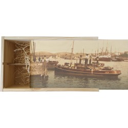 Wijnkist - Oud Stadsgezicht Rotterdam - Stoomboot en Brug over Maas - Oude Foto Print op Houten Kist - 19x36 cm