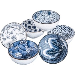 Japanse stijl keramische granen kommen, 24oz salade, soep, rijst kom set, blauw en wit (6 inch)