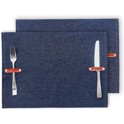 ANDLER© Set van 2 placemats van jeansstof, 32 x 44 cm, moderne placemat voor 2 personen, afwasbaar tafelkleed met riem voor bestek en servetten, ideaal als stijlvolle tafeldecoratie (blauw, 2)