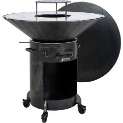 WELDED BARREL 1000 Barbecue Vuurschaal - bbq cortenstaal - houtgestookt - standaard met wielen, aslade, stookrooster - regelbare luchttoevoer onder in vuurschaal waardoor veel minder last van rook, afdekplaat