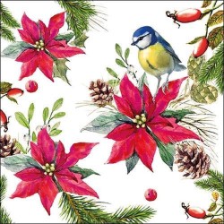 1 Pakje papieren cocktail servetten - Bird On Poinsettia White - 25x25cm